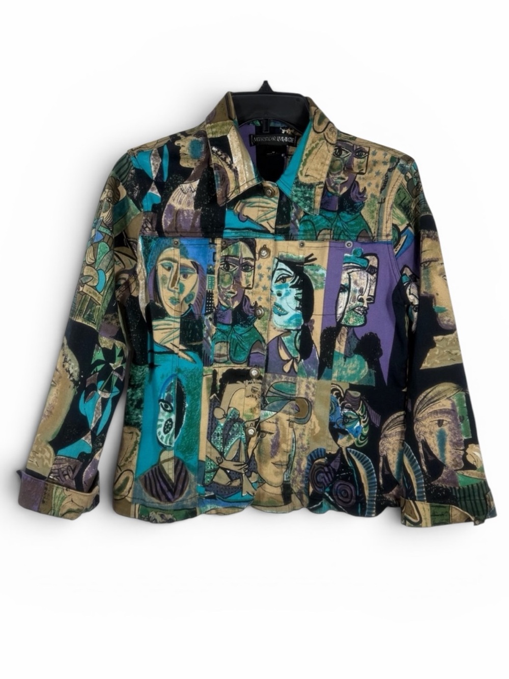 Mirror Image Vintage Denim Jacket W/Colorful Abstract Art.  Size Medium.  EUC.